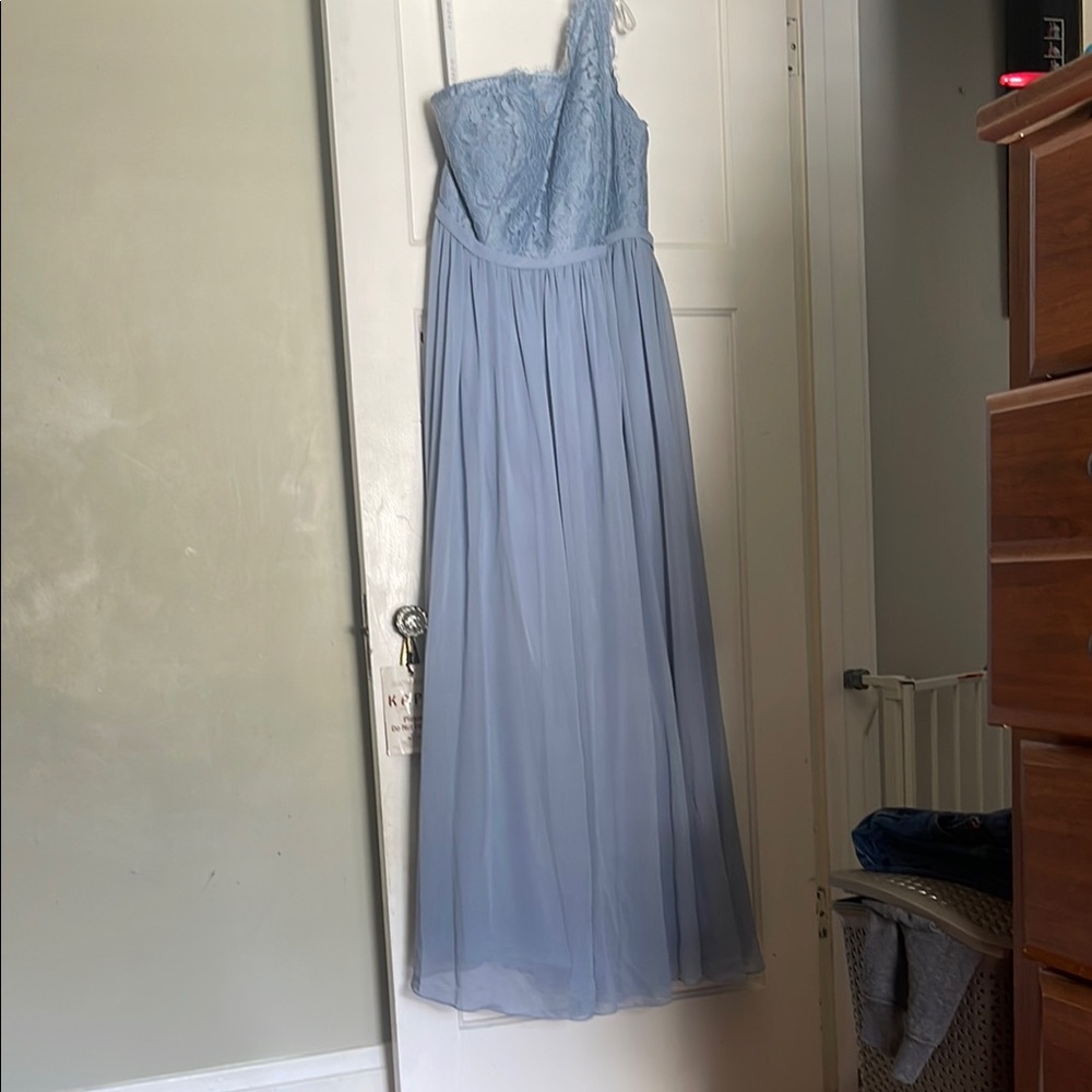 Azazie One-Shoulder Lace Dress in Dusty Blue